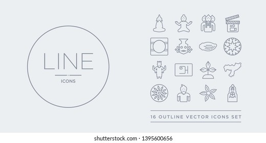 16 line vector icons set such as alamelu, anise, ardhanareeswara, ashoka, assam contains bael tree, bengali language, bhagavan, bihu. alamelu, anise, ardhanareeswara from india outline icons. thin,