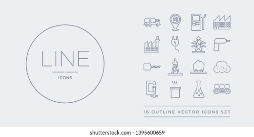 16 line vector icons set such as assembly line, chemicals, chimney, clamp, co2 contains coal, derrick, drilling, drilling machine. assembly line, chemicals, chimney from industry outline icons.