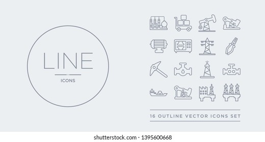 16 line vector icons set such as oil industry, oil platform, oil pump, tanker, valve contains oilfield, petrol pipe, pick, pliers. industry, platform, pump from industry outline icons. thin, stroke