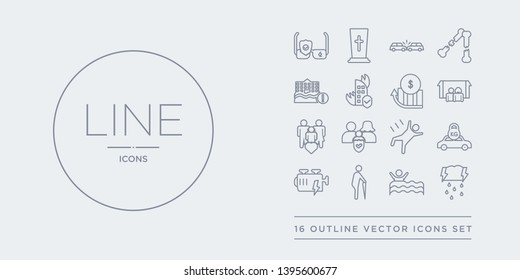 16 line vector icons set such as disaster, drown, elderly, engine problems, excessive weight for the vehicle contains falling, familiar insurance, family care, family house. disaster, drown, elderly