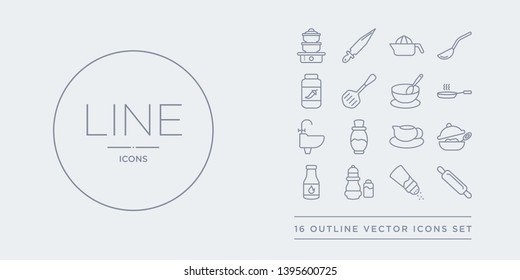 16 line vector icons set such as rolling pin, salt, salt and pepper, sauce, saucepan contains saucer, seasoning, sink, skillet. rolling pin, salt, and pepper from kitchen outline icons. thin, stroke