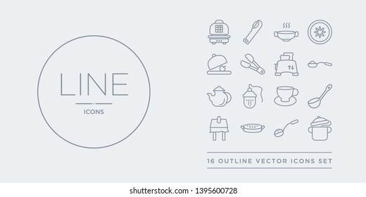 16 line vector icons set such as stew pot, strainer, sugar sifter, tablecloth, tablespoon contains tea cup, tea infuser, teapot, teaspoon. stew pot, strainer, sugar sifter from kitchen outline