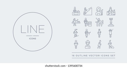 16 line vector icons set such as modeling woman, motherhood, police woman, pregnancy with hearts, sad woman contains self confidence, sewing skier successful modeling motherhood, police from ladies