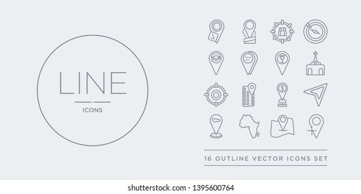 16 line vector icons set such as add location, add to map, africa, airport pin, arrow on map contains bank pin, building pin, center, church. add location, to map, africa from maps and locations