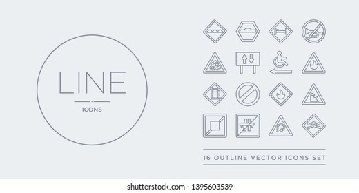 16 line vector icons set such as danger, degree curve road, end motorway, end of way, falling rocks contains fire, forbidden, gas station, gasoline. danger, degree curve road, end motorway from