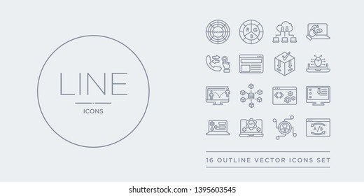 16 line vector icons set such as a/b testing, affiliate marketing, api, application, attributes contains back end, big data, bounce rate, bugs. a/b testing, affiliate marketing, api from technology