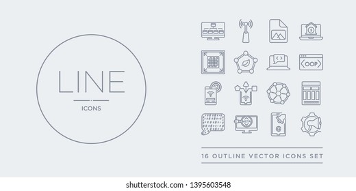 16 line vector icons set such as marketing automation, mentions, meta elements, microblogging, mood board contains multichannel marketing, native apps, near field communication, object-oriented