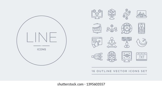 16 line vector icons set such as text editor, tracking, internet traffic, type hierarchy, uptime and downtime contains user experience, user flow, user interface, persona. text editor, tracking,