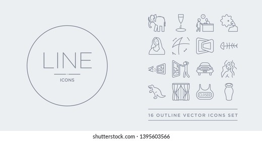 16 line vector icons set such as ceramic, closed, curtain, dinosaur, el greco contains excursion, exhibit, exhibition, fishbone. ceramic, closed, curtain from museum outline icons. thin, stroke