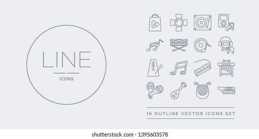 16 line vector icons set such as keytar, lyre, mandolin, maraca, marimba contains melodica, melody, metronome, mp3. keytar, lyre, mandolin from music outline icons. thin, stroke elements