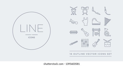 16 line vector icons set such as drumsticks, electric guitar, equalizer, flute, french horn contains gong, guitar, harmonica, harp. drumsticks, electric guitar, equalizer from music outline icons.