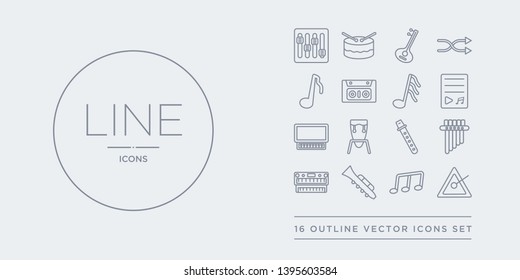 16 line vector icons set such as music triangle, musical note, oboe, organ, panpipe contains pennywhistle, percussion, piano, playlist. music triangle, musical note, oboe from music outline icons.