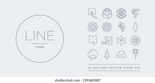 16 line vector icons set such as carnation, cave, cedar, chestnut, chrysanthemum contains clematis, cliff, clover, cypress. carnation, cave, cedar from nature outline icons. thin, stroke elements