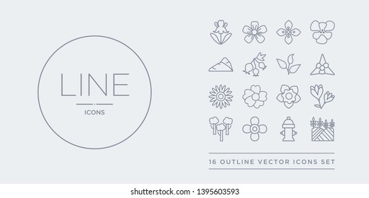 16 line vector icons set such as field, fire hydrant, flower, forest, freesia contains gardenia, geranium, gerbera, gladiolus. field, fire hydrant, flower from nature outline icons. thin, stroke