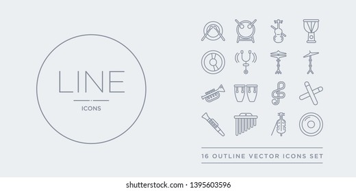 16 line vector icons set such as cd, cello, chimes, clarinet, clave contains clef, conga, cornet, cymbal. cd, cello, chimes from music outline icons. thin, stroke elements