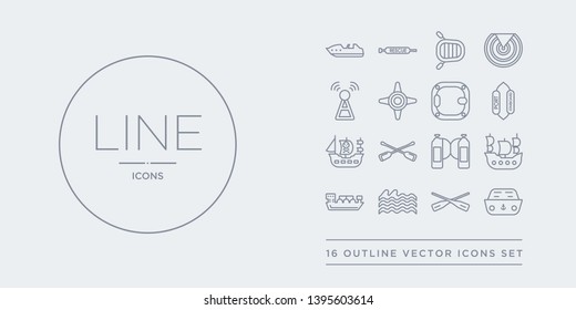 16 line vector icons set such as navy hat, oars, ocean waves, oil tanker ship, old galleon contains oxygen tank, paddles, pirate ship, port and starboard. navy hat, oars, ocean waves from nautical