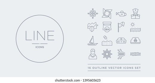 16 line vector icons set such as rope tied, rubber raft, rudder, sailor, sailor cap contains sailor hat, salt water, scow, sea. rope tied, rubber raft, rudder from nautical outline icons. thin,