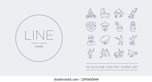 16 line vector icons set such as man flying, man horseriding, man in hike, pointing, riding skateboarding contains shooting, with beret, manager face, newborn. flying, horseriding, in hike from