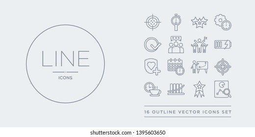 16 line vector icons set such as analyze, appreciation, bar graph, break, bullseye with target contains businessman and tactics, calendar with deadlines, care, charging. analyze, appreciation, bar