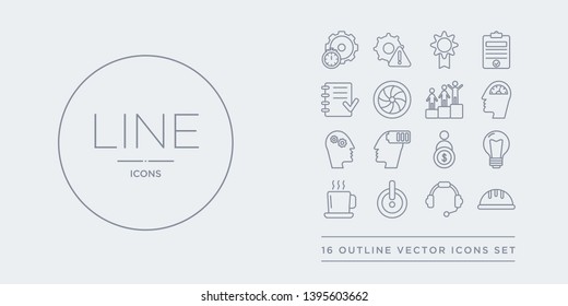 16 line vector icons set such as hard hat, headphone, help, hot coffee, light bulb contains man and dollar coin, mind charge, mind gears, mind tachometer. hard hat, headphone, help from productivity