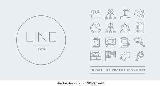 16 line vector icons set such as productivity tools, puzzle piece, racing flag, soccer tactics diagram, speech bubbles contains survey, tactics, task page with marks, tasks. productivity tools,