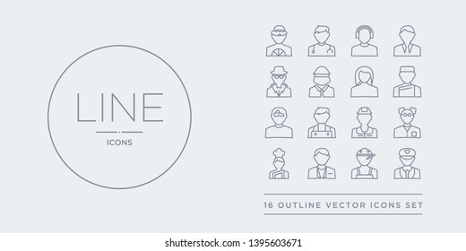 16 line vector icons set such as captain, carpenter, cashier, chef, chemist contains civil engineer, clerk, computer systems analyst, concierge. captain, carpenter, cashier from professions outline