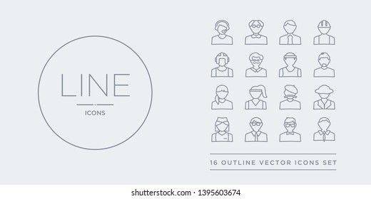 16 line vector icons set such as accountant, actor, actuary, air hostess, archeologist contains artist, athlete, baby sitter, barber. accountant, actor, actuary from professions outline icons. thin,