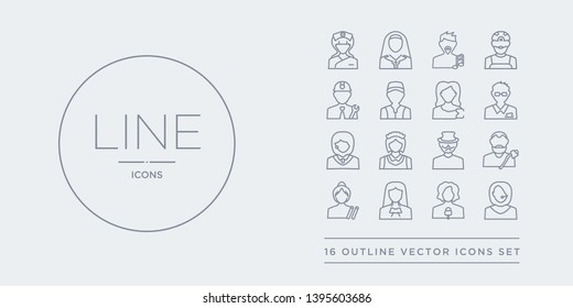 16 line vector icons set such as it manager, journalist, lawyer, librarian, lumberjack contains mafia, maid, manager, marketing manager. it journalist, lawyer from professions outline icons. thin,