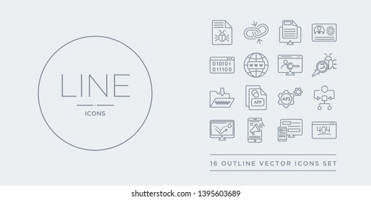 16 line vector icons set such as 404 error, adaptive layout, advertising, advertising bounce, algorithm contains api, app, archive, article. 404 error, adaptive layout, advertising from programming