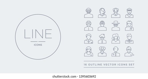 16 line vector icons set such as programmer, racer, scientist, secretary, showman contains singer, software developer, statistician, stewardess. programmer, racer, scientist from professions outline