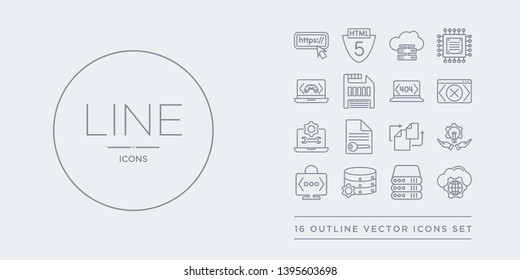 16 line vector icons set such as cyberspace, data storage, database, developer, development contains duplicate, encryption, engineering, error. cyberspace, data storage, database from programming
