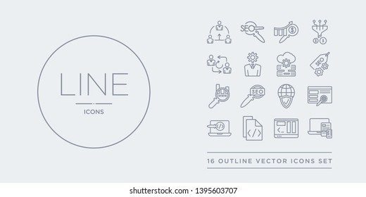 16 line vector icons set such as responsive, screen, script, search, search engine contains secu network, seo, seo and web, seo badge. responsive, screen, script from programming outline icons.
