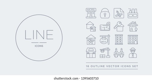 16 line vector icons set such as agent, bridges, constructions, cottage, facade contains flat, for rent, home repair, house front view. agent, bridges, constructions from real estate outline icons.