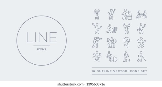 16 line vector icons set such as people playing golf, people playing handball, people playing hopscotch, hula hop, jumping contains jumping rope, limbo, paintball, painting. golf, handball,