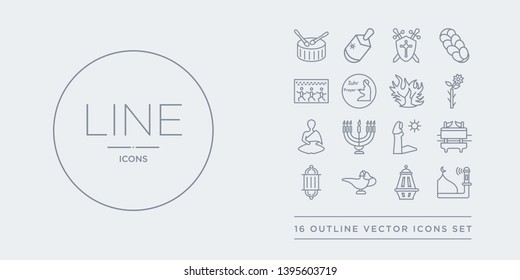 16 line vector icons set such as adhan call, arabian lantern, arabian magic lamp, arabic lamp, ark of the convenant contains assr, big menorah, buddhist monk, budding staff. adhan call, arabian