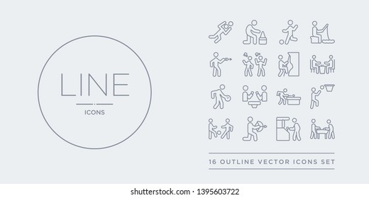 16 line vector icons set such as people playing air hockey, people playing arcade game, people playing archery, ball, basketball contains billiard, board games, bowling, chess. air hockey, arcade