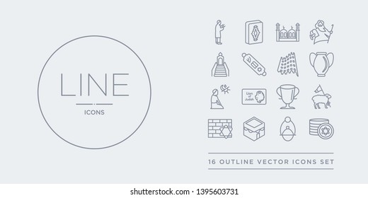 16 line vector icons set such as jewish coins, jewish incense, kaaba, kotel, lamb of god contains laver of washing, lion of  judah, maghrib prayer, manna jar. jewish coins, incense, kaaba from