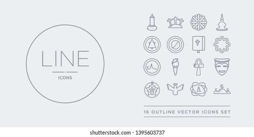 16 line vector icons set such as abrahamic, agnosticism, angel, anglican, animism contains ankh, asceticism, atheism, bahai. abrahamic, agnosticism, angel from religion outline icons. thin, stroke