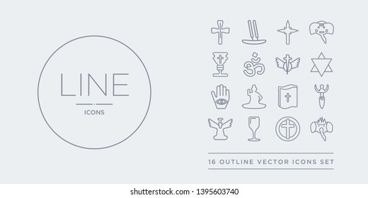 16 line vector icons set such as ganesha, gnosticism, goblet, god, goddess contains gospel, great buddha, hamsa, hebrew. ganesha, gnosticism, goblet from religion outline icons. thin, stroke