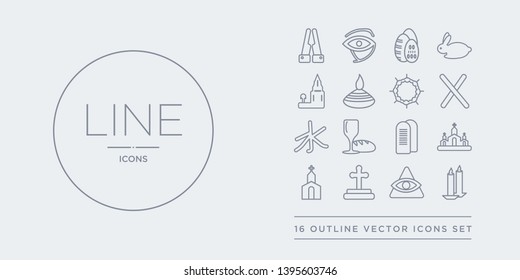 16 line vector icons set such as candles, cao dai, christian, christianity, church contains commandments, communion, confucianism, cross. candles, cao dai, christian from religion outline icons.