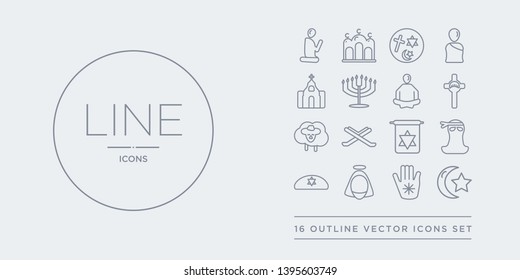 16 line vector icons set such as islam, jainism, jesus, jewish, jihad contains judaism, koran, lamb, last supper. islam, jainism, jesus from religion outline icons. thin, stroke elements