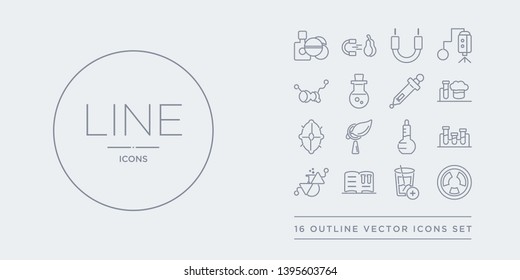 16 line vector icons set such as radioactivity, refraction, science book, scientific, tubes contains volumetric flask, biology, cells, chemistry. radioactivity, refraction, science book from science