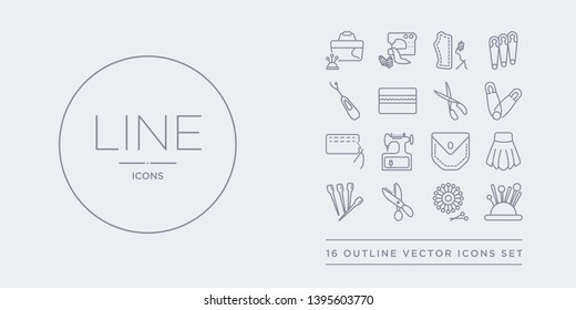16 line vector icons set such as pin holder, pin sew, pinking shears, pins, pleat contains pocket, rotary, running stitch, safety pin. holder, sew, pinking shears from sew outline icons. thin,