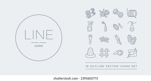 16 line vector icons set such as tailoring machine, tape, textile, thimble, thread contains thread nippers, thread spool, threader, threading. tailoring machine, tape, textile from sew outline