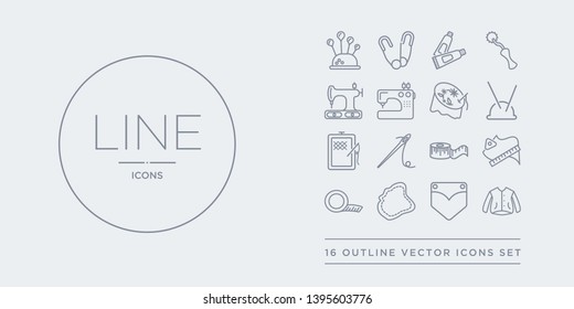 16 line vector icons set such as jacket, jeans pocket, leather, measurement, measuring contains measuring tape, needle, needlepoint, needles. jacket, jeans pocket, leather from sew outline icons.