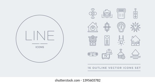 16 line vector icons set such as heating, home automation, home devices, house, household contains illumination, intercom, jalousie automation, light. heating, home automation, devices from smart