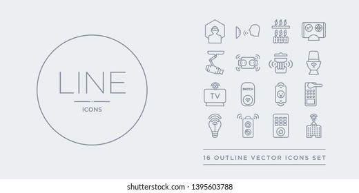 16 line vector icons set such as smart city, smart home console, smart key, lamp, lock contains plug, switch, television, toilet. city, home console, key from home outline icons. thin, stroke