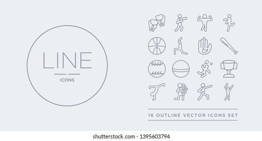 16 line vector icons set such as aerobics, aikido, archery, artistic gymnastics, award contains badminton, ball, baseball, baseball bat. aerobics, aikido, archery from sport outline icons. thin,