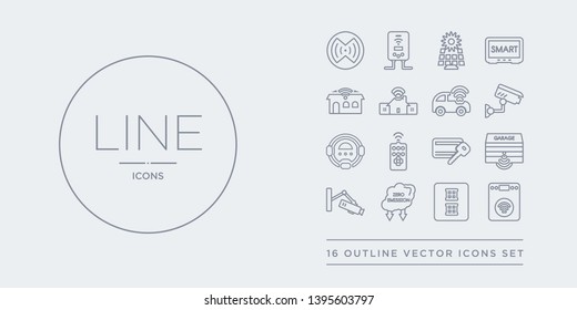 16 line vector icons set such as washer machine, windows, zero emission, cctv, garage contains key card, remote control, robot vacuum cleaner, security camera. washer machine, windows, zero emission