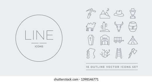 16 line vector icons set such as tomahawk, train rails, tumbleweed, whip, wigwam contains wild west cart, wild west saloon, wooden coffin, barrel. tomahawk, train rails, tumbleweed from desert